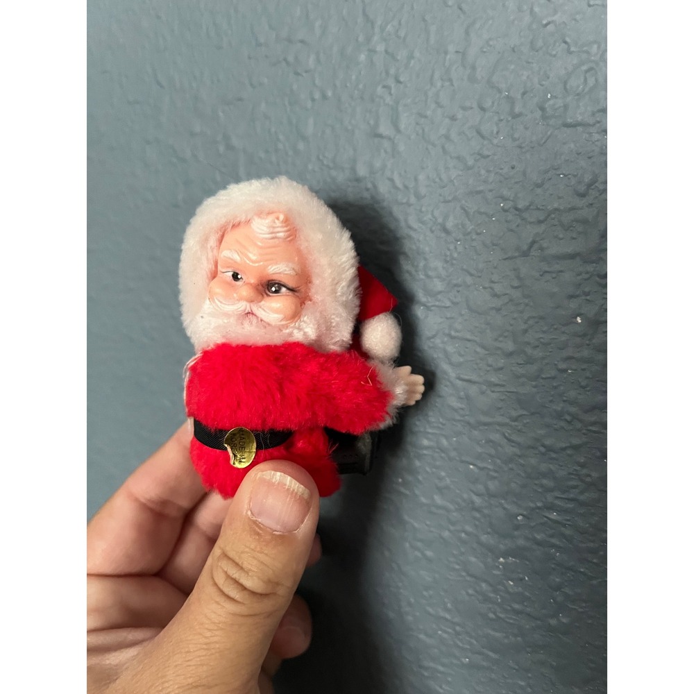 Vintage Santa Claus Clip On Christmas Ornament Red Fuzzy Korea Retro Holiday
